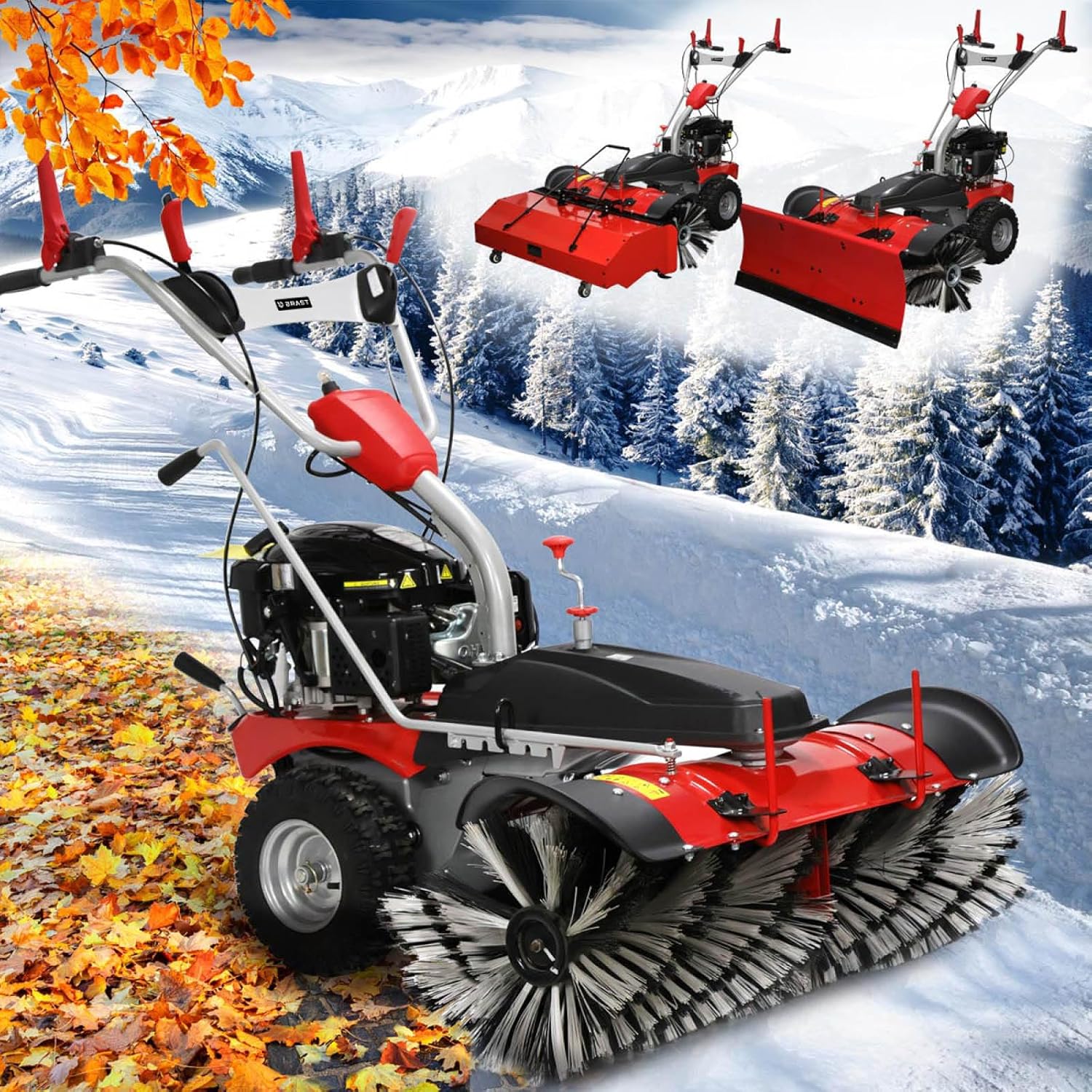 BRAST Petrol Sweeper | Sweeper Brush Leaf Collector Snow Shovel | XXL Premium | 4.8 kW (6.5 HP) – 5.14 kW (7 HP) | Many Models | 80-100 cm Working Width | Electric Start | 3-in-1 Function