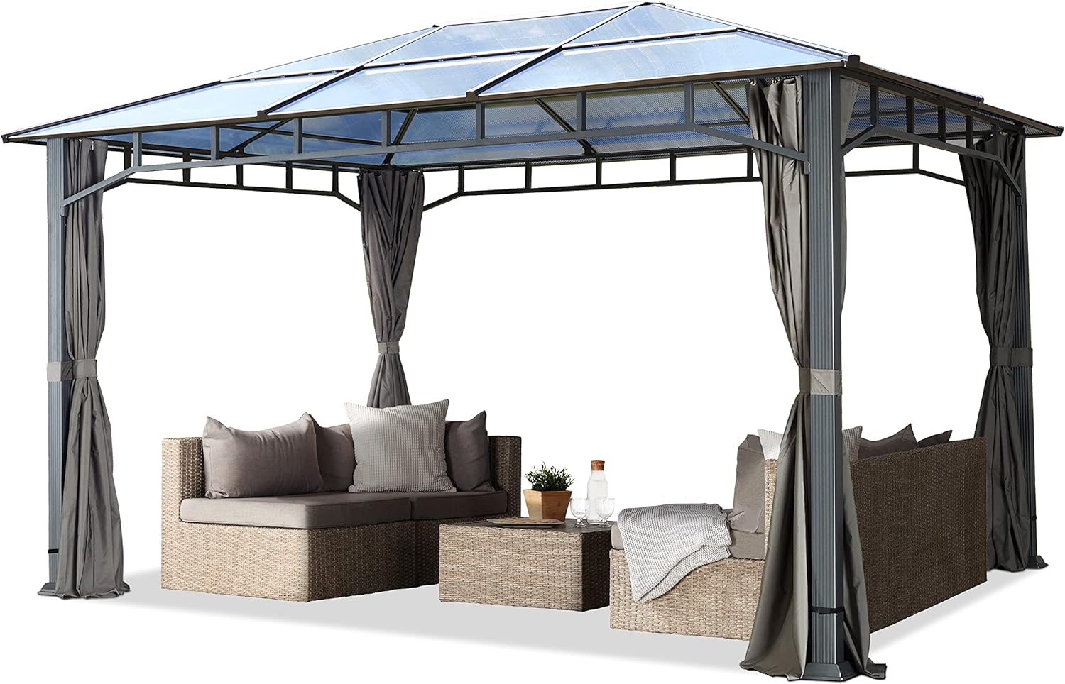 Toolport Garden Gazebo, 3 x 4 m, Waterproof, Aluminium, Deluxe, Polycarbonate Roof Approx. 8 mm, Gazebo with 4 Side Panels, Party Tent, Grey, 9 x 9 cm Profile