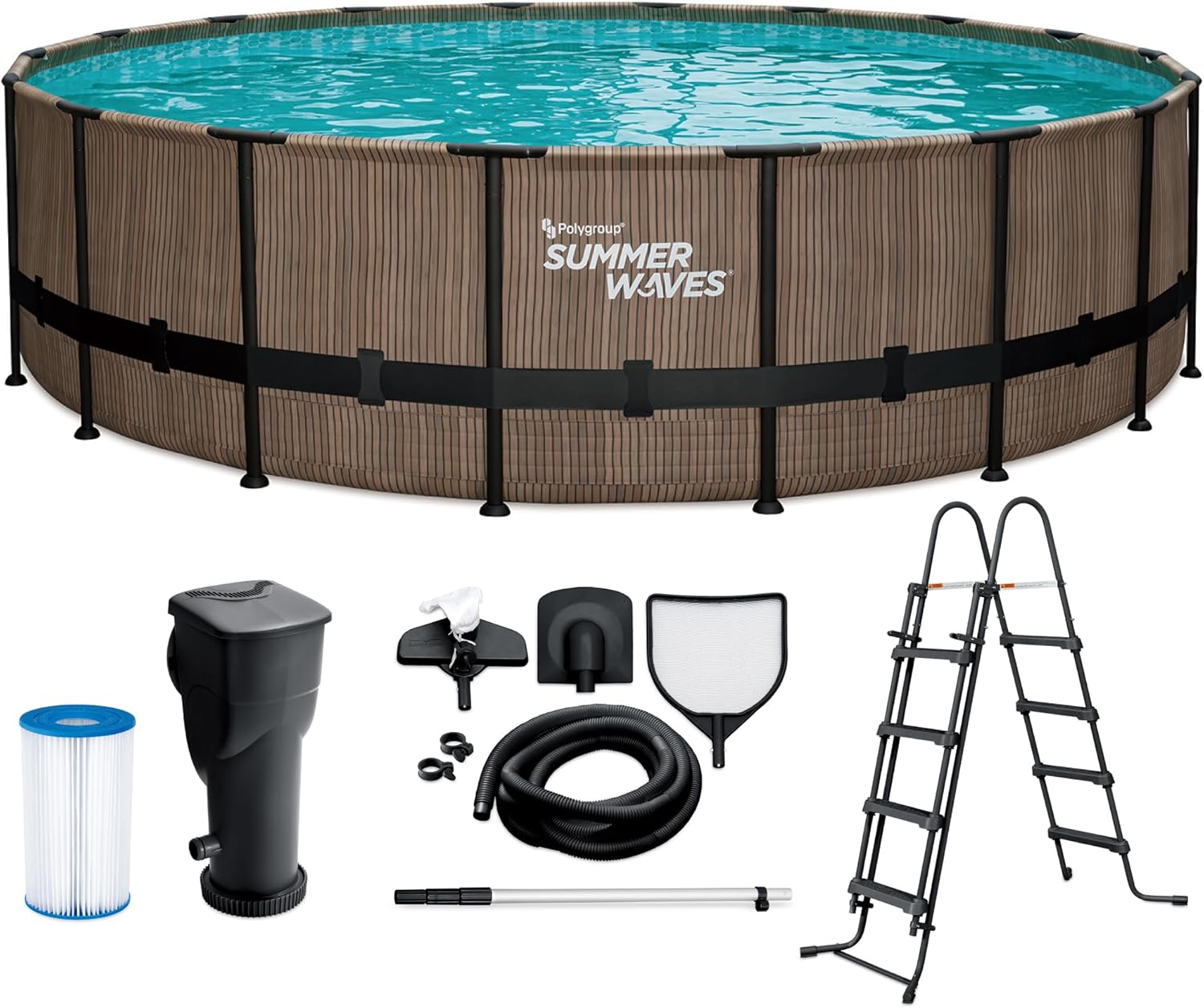 Summer Waves Frame Pool Complete Set | Round 549 x 132 cm Teak Look Brown | Above Ground Pool Set | Garden Pool & Swimming Pool Including Filter Pump, Entry Ladder, Tarpaulin, Floor Fleece & Cleaning