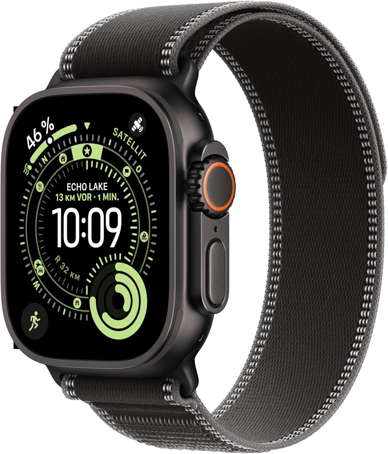 Apple Watch Ultra 3 GPS + Cellular 49 mm Premium Smartwatch for Running Training and Combination Sports with Robust Titanium Case in Black and Trail Loop in Black/Charcoal Grey (M/L)