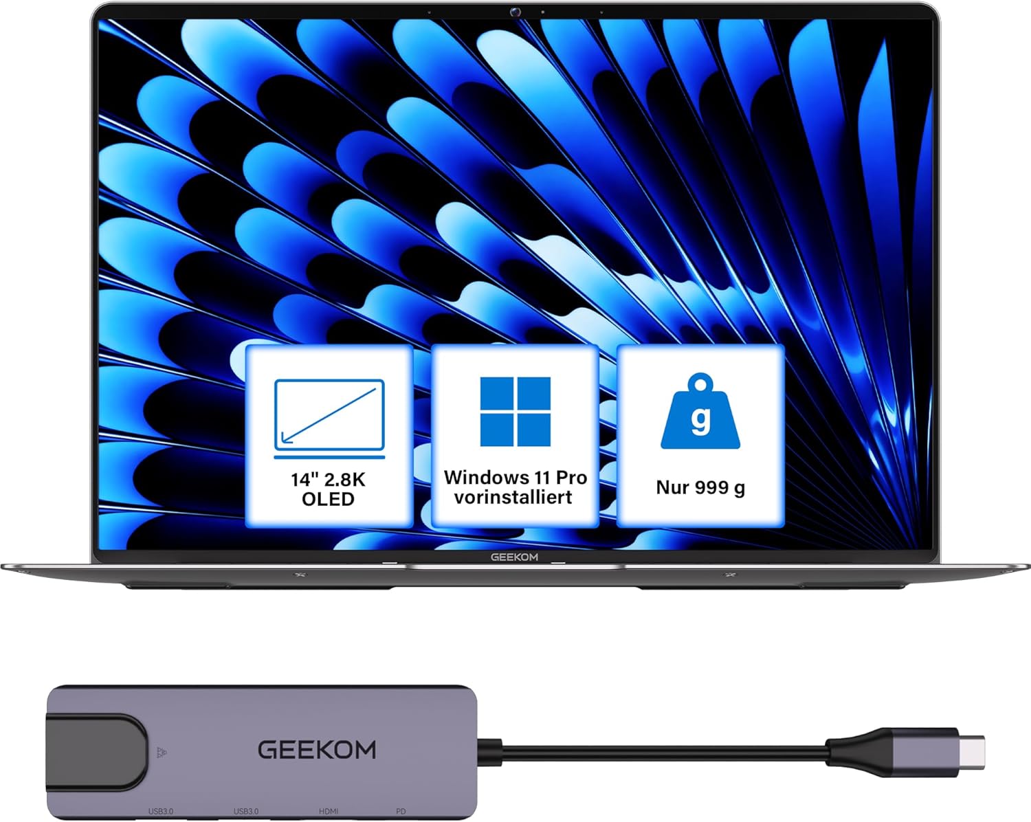 GEEKOM GeekBook X14 Pro Laptop, 999 g Ultralight, 14 Inch 2.8K OLED, Ultra 9-185H, 32GB LPDDR5x RAM 7500MT/s, 2TB SSD, 2X USB4, Fingerprint & Webcam Slider, Up to 16 Hours Battery, Copilot+, Windows