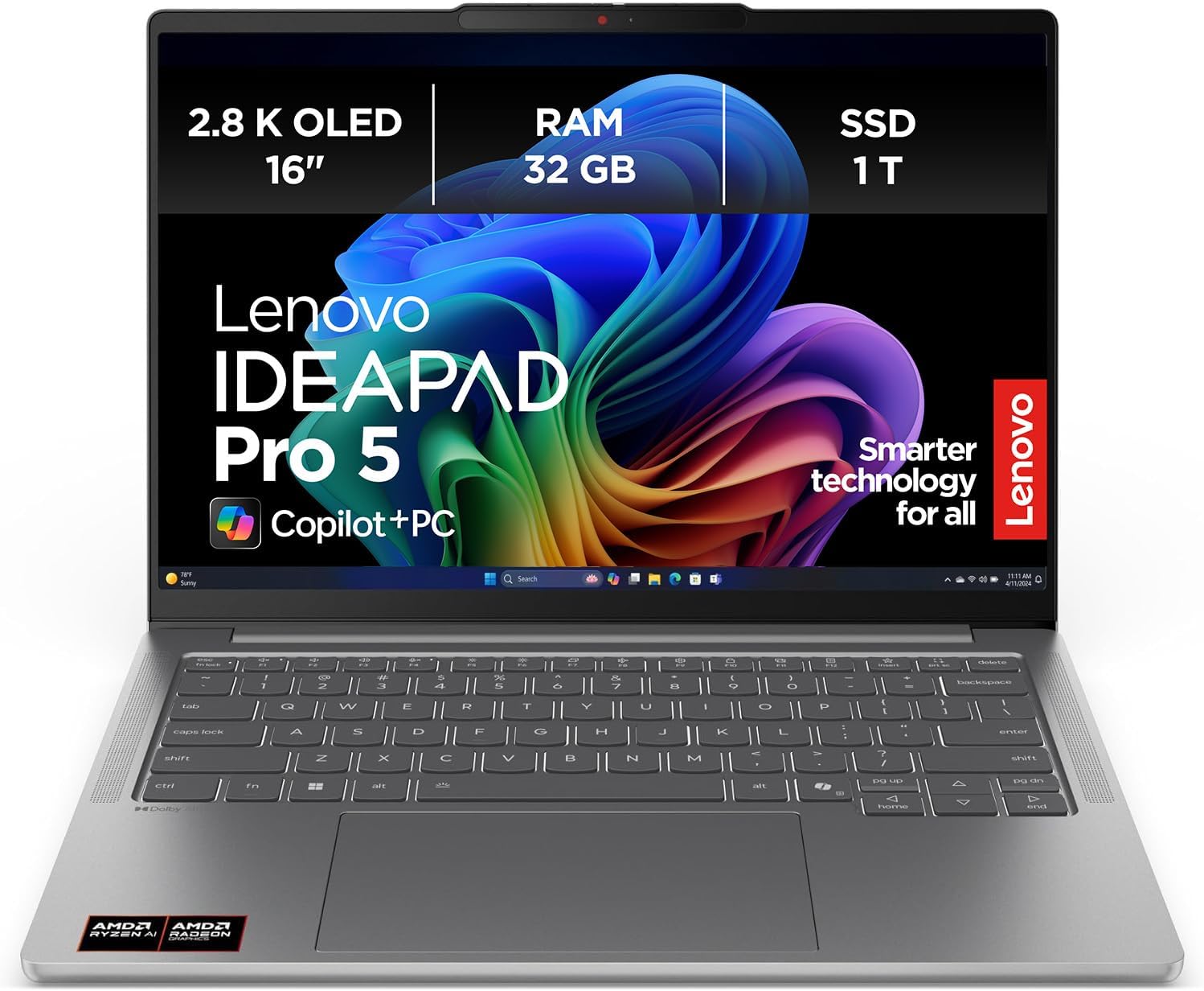 Lenovo IdeaPad Pro 5 AI Laptop, 16 Inch 2.8K OLED Display, Copilot+ PC, AMD Ryzen AI AI 7 350, 32GB RAM, 1TB SSD, AMD Radeon Graphics, Windows 11 Home, QWERTZ, Luna Grey, 3 Months Premium Care