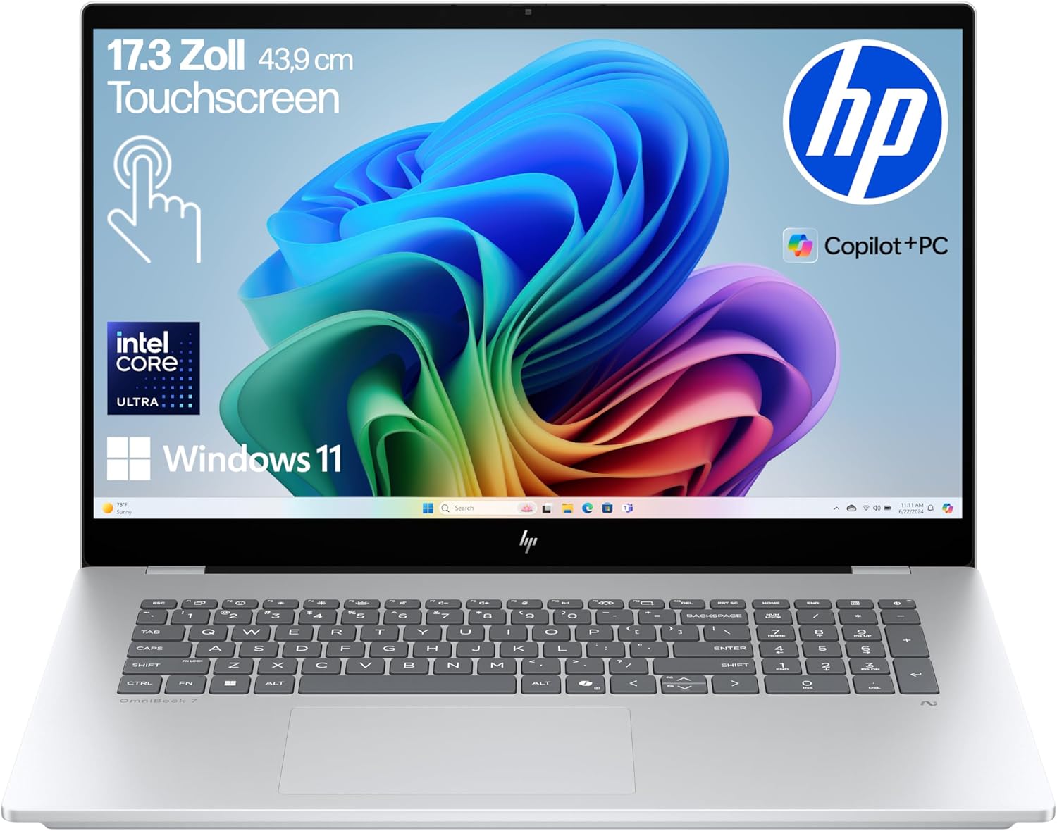 HP OmniBook 7 Next Gen AI PC, Copilot+ PC, 17.3 Inch FHD Touch Display, Intel Core Ultra 7 256V (47 Tops), 16GB LPDDR5x RAM, 1TB PCIe Gen4 SSD, Intel Arc 140 V GPU, QWERTZ, Windows 11, Silver