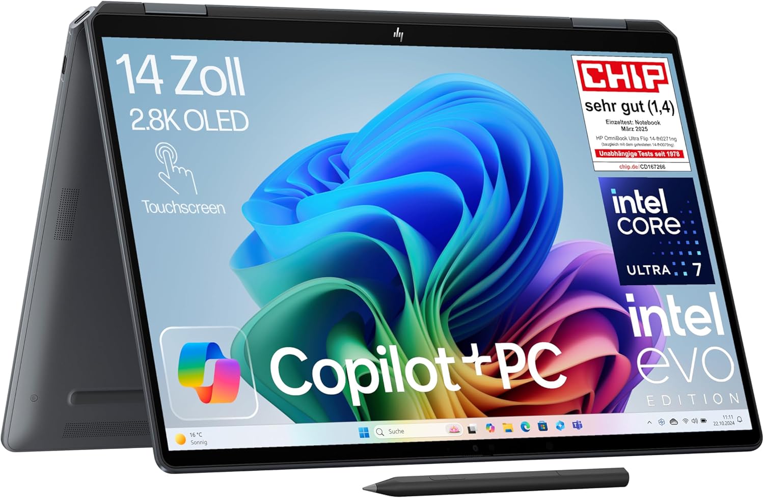 HP OmniBook Ultra Flip Next Gen AI Laptop | Intel Core Ultra 7 258V | Dedicated NPU for AI | 47 NPU TOPS | Copilot+ PC | 14 Inch 2.8K OLED Touchscreen | 32GB | 2TB SSD | QWERTZ | Win11 | Eclipse Grey