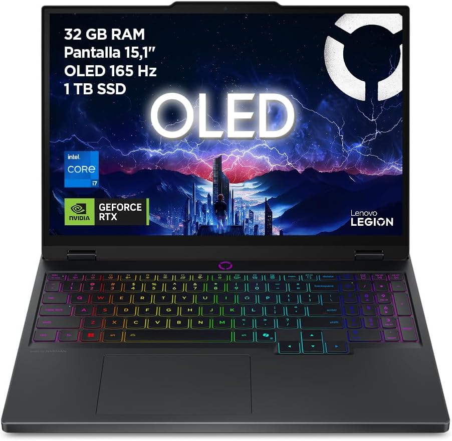 Lenovo Legion 5 Gen 10 Gaming Laptop IA 15.1″ WQXGA OLED (Intel Core i7-13650HX, NVIDIA GeForce RTX 5070, 32GB RAM, 1TB SSD, Wi-Fi 7, No Operating System), Spanish RGB Keyboard (Black)