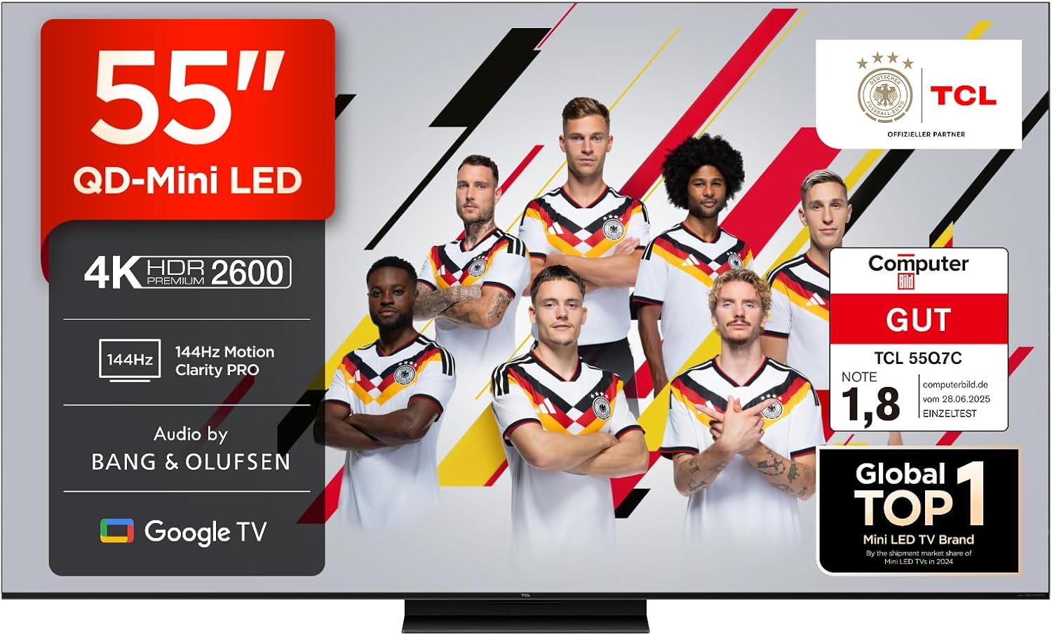 TCL 55Q7C QLED Mini LED TV, 55 Inches, 4K HDR Premium, Dolby Vision IQ & Atmos, Smart TV with Google TV, Bang & Olufsen 6.2.2 Sound, 144Hz VRR, AMD FreeSync Premium Pro, HDMI 2.1, AirPlay 2, Alexa [Energy Class F]