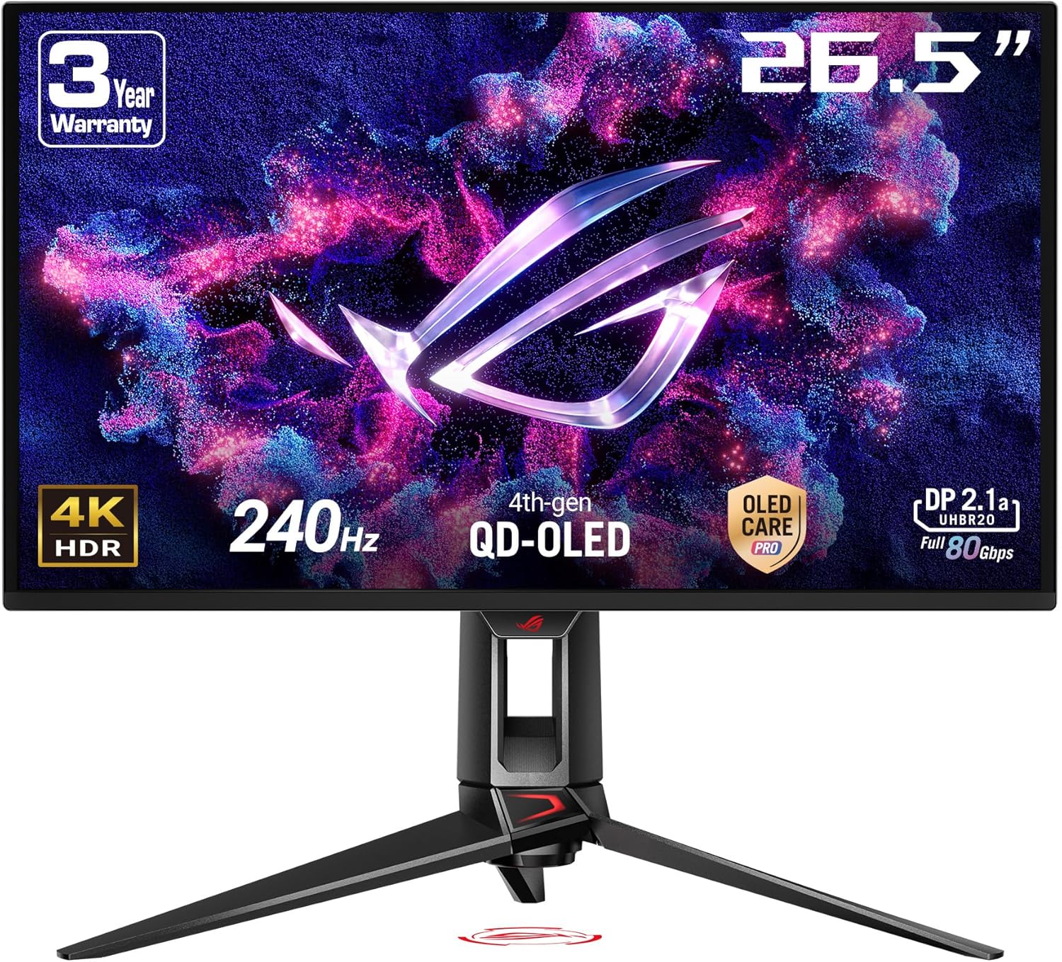 ASUS ROG Swift OLED PG27UCDM – 27 Inch 4K UHD Gaming Monitor – 240 Hz, 0.03ms GtG, G-Sync, FreeSync, AdaptiveSync, KVM Switch, HDR 400 – QD-OLED, 16:9, 90W USB-C, DP 2.1, HDMI 2.1, USB Hub, Ergo