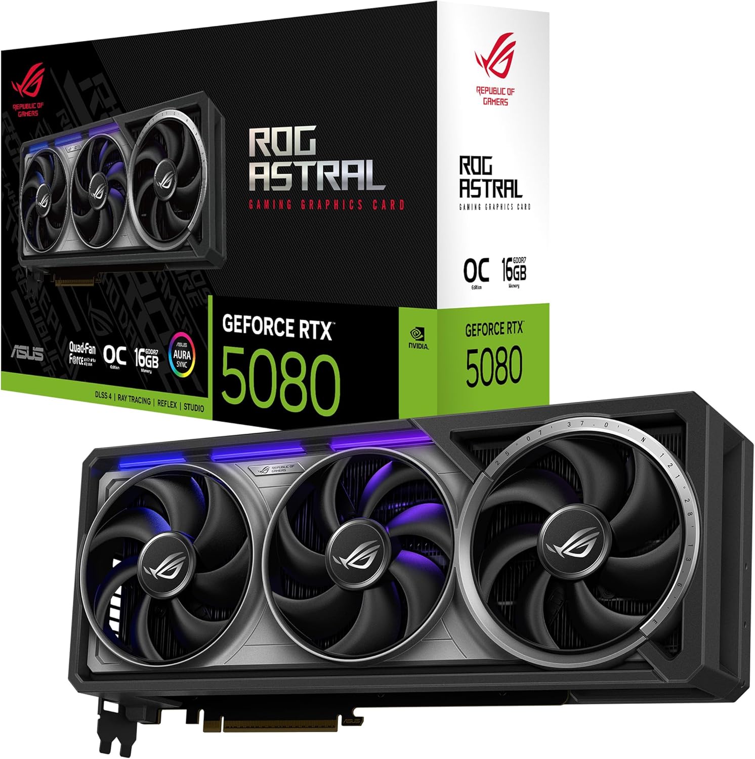 ASUS ROG Astral GeForce RTX 5080 16GB GDDR7 OC Edition Gaming Graphics Card (Nvidia GeForce RTX5080, Four Fans, 3.8 Slot Design, PCIe 5.0, 2X HDMI 2.1b, 3X DisplayPort 2.1a)
