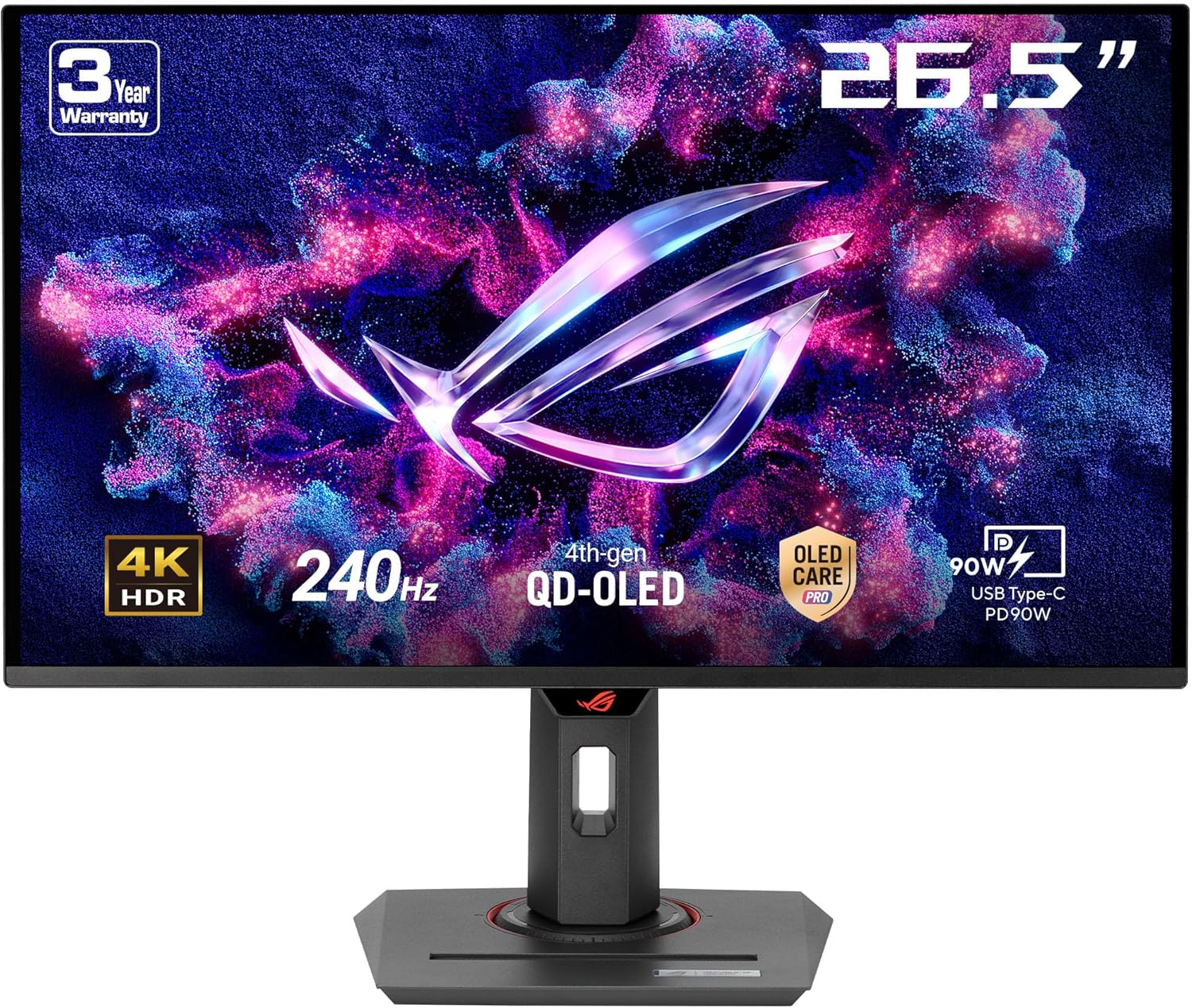 ASUS ROG Strix OLED XG27UCDMG, 27-Inch 4K UHD Gaming Monitor, 240 Hz, 0.03ms GtG, G-Sync, FreeSync, AdaptiveSync, DisplayHDR 400TB, 16:9, 3840 x 2160, DP 1.4 DSC, HDMI 2.1, 90W USB-C, USB-Hub, Ergo
