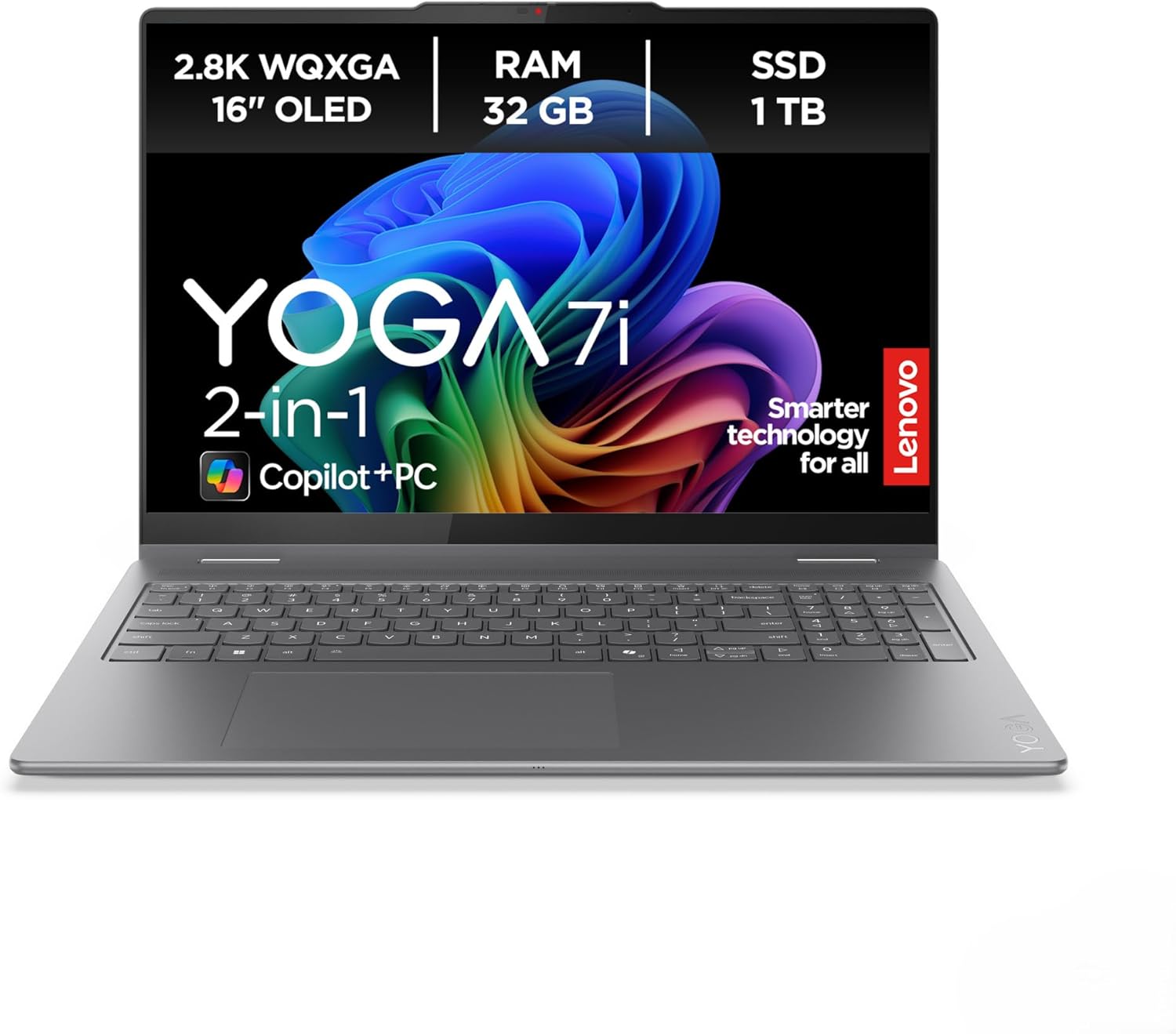 Lenovo Yoga 7i 2-in-1 Laptop | Copilot+ PC AI | 16 Inch 2.8K OLED Display | Intel Core Ultra 7 | 32GB RAM | 1TB SSD | Intel Arc Graphics | Windows 11 | QWERTZ | Luna Grey | 3 Months Premium Care | Includes Pen