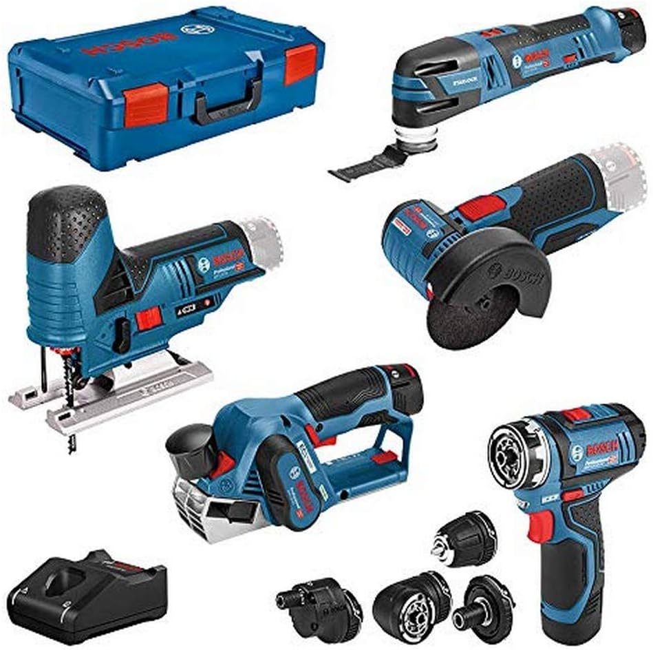 Bosch Professional 12V System Combo Kit: GSR 12V-15 FC (+4x Aufsätze) + GHO 12V-20 + GWS 12V-76 + GST 12V-70 + GOP 12V-28 (inkl. 2x 2.0Ah, 3.0Ah Akku, Ladegerät GAL 12V-40, XL-BOXX)