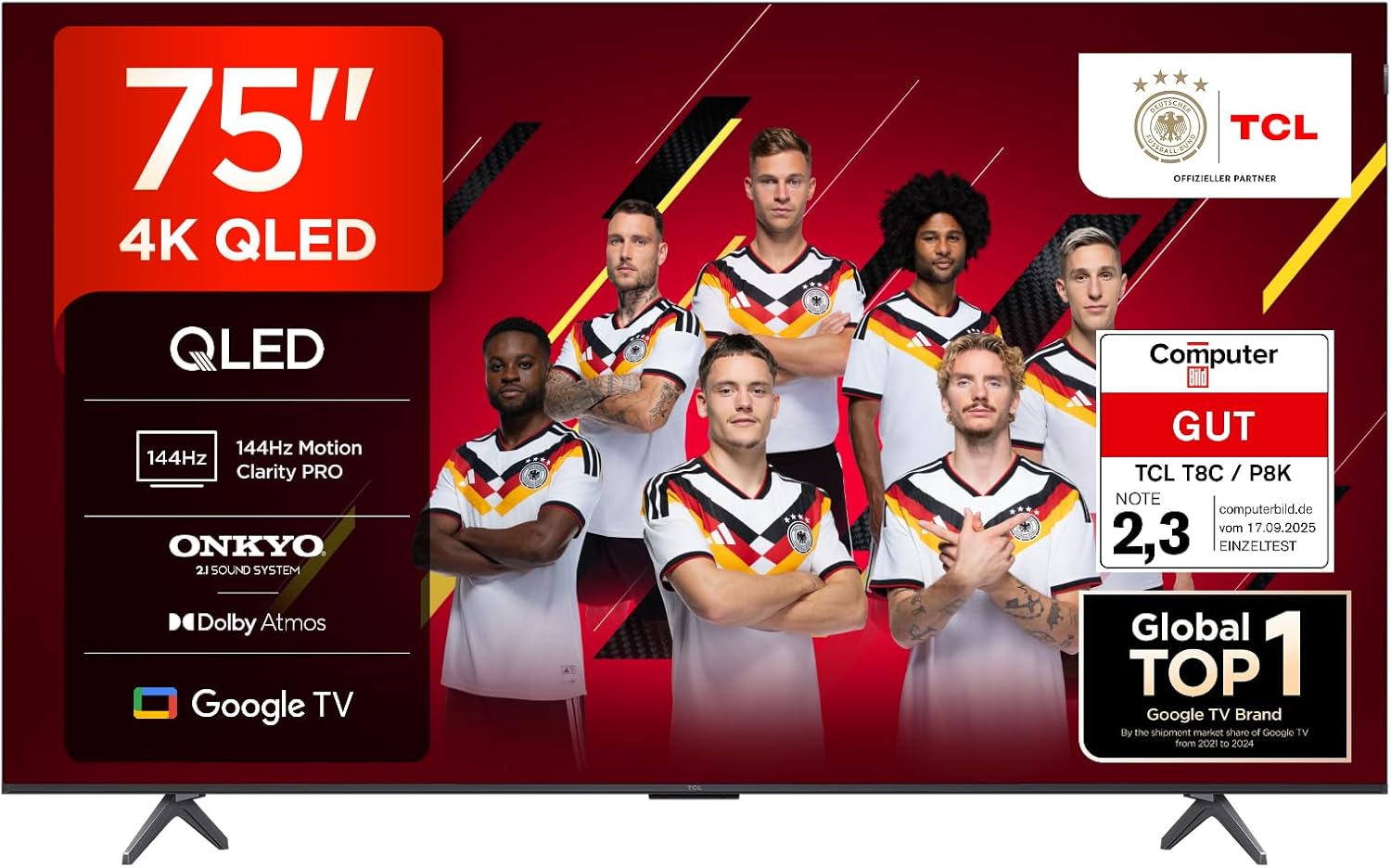 TCL 75T8C 75 Inch QLED 4K HDR UHD TV, Smart Google TV, Dolby Vision Atmos, 144Hz Motion Clarity Pro, Game Bar, ALLM, FreeSync, Onkyo 2.1 Sound, Voice Control, Compatible with Google Assistant [Energy Class F]