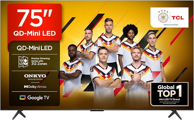 TCL 75 Inch 75Q6C QLED Mini LED TV, 4K HDR Premium, Dolby Vision IQ & Atmos, Onkyo 2.1, Smart Google TV, Game Master, 144Hz Motion Clarity Pro, AMD FreeSync Premium Pro, HDMI 2.1, AirPlay 2 [Energy Class E]